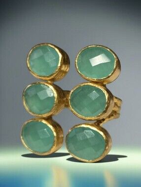 18k Gold Plated Artisan Genuine Beveled Chalcedony Oversized Statement Ring
